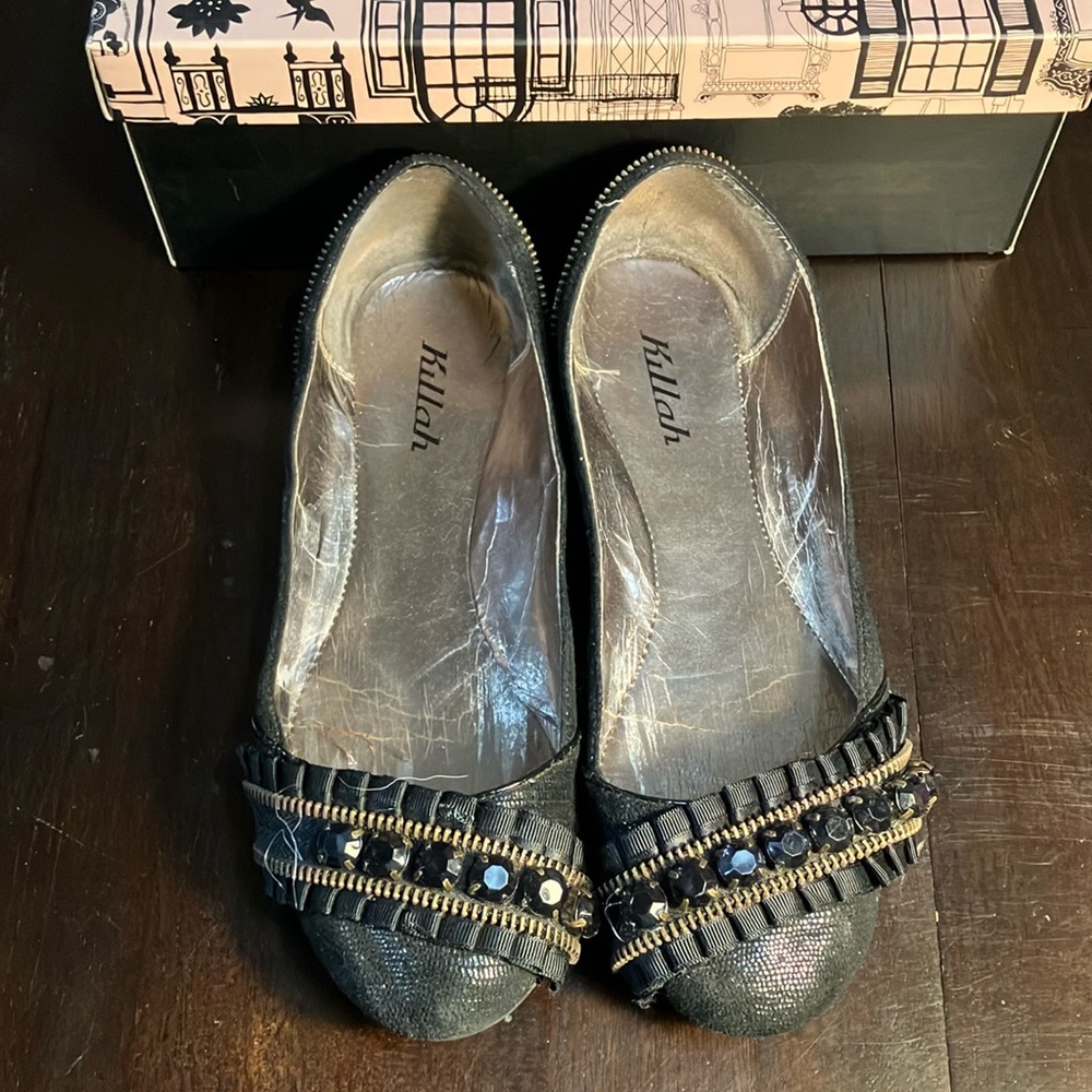 Jeweled Black Killah Flats with Jewel and Zipper Details